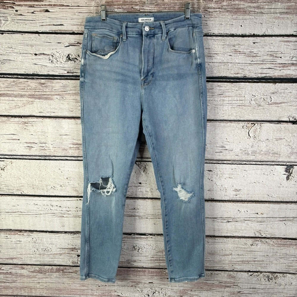 Good American Good Curve Crop Skinny Jeans 12/31 Blue 355 Distressed High Waist